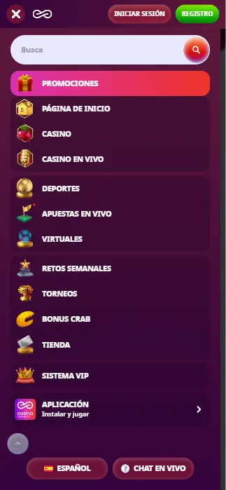 Infinity casino menu