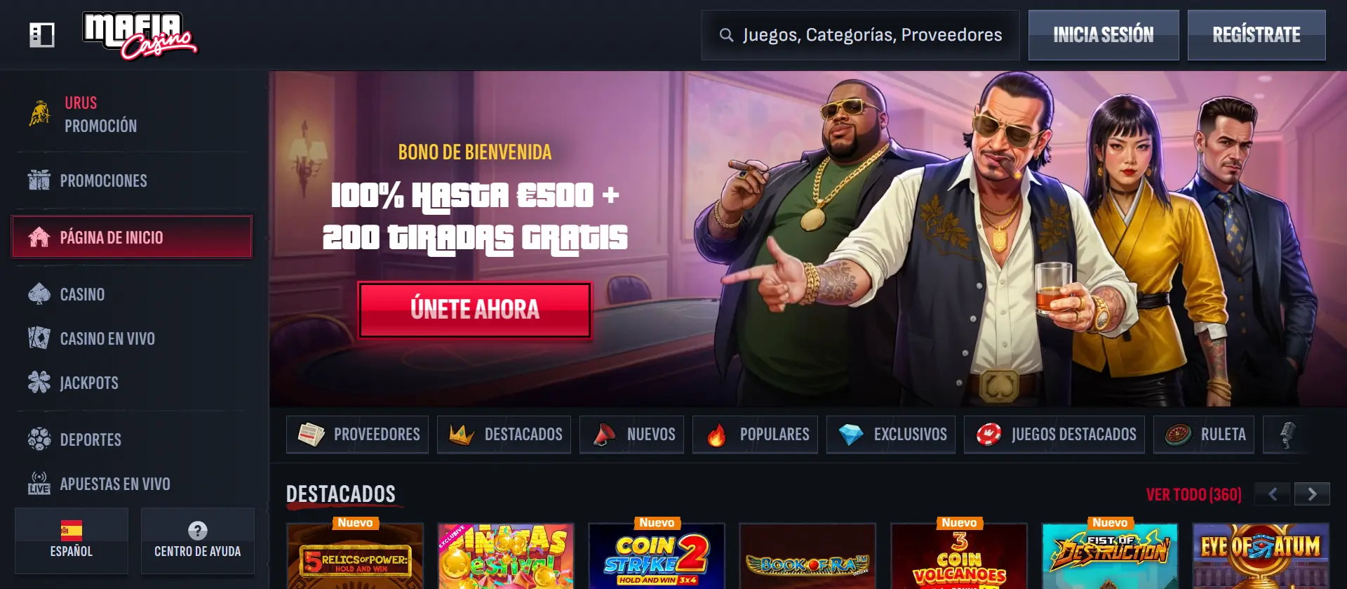 Captura de pantalla de la página de inicio de Mafia Casino