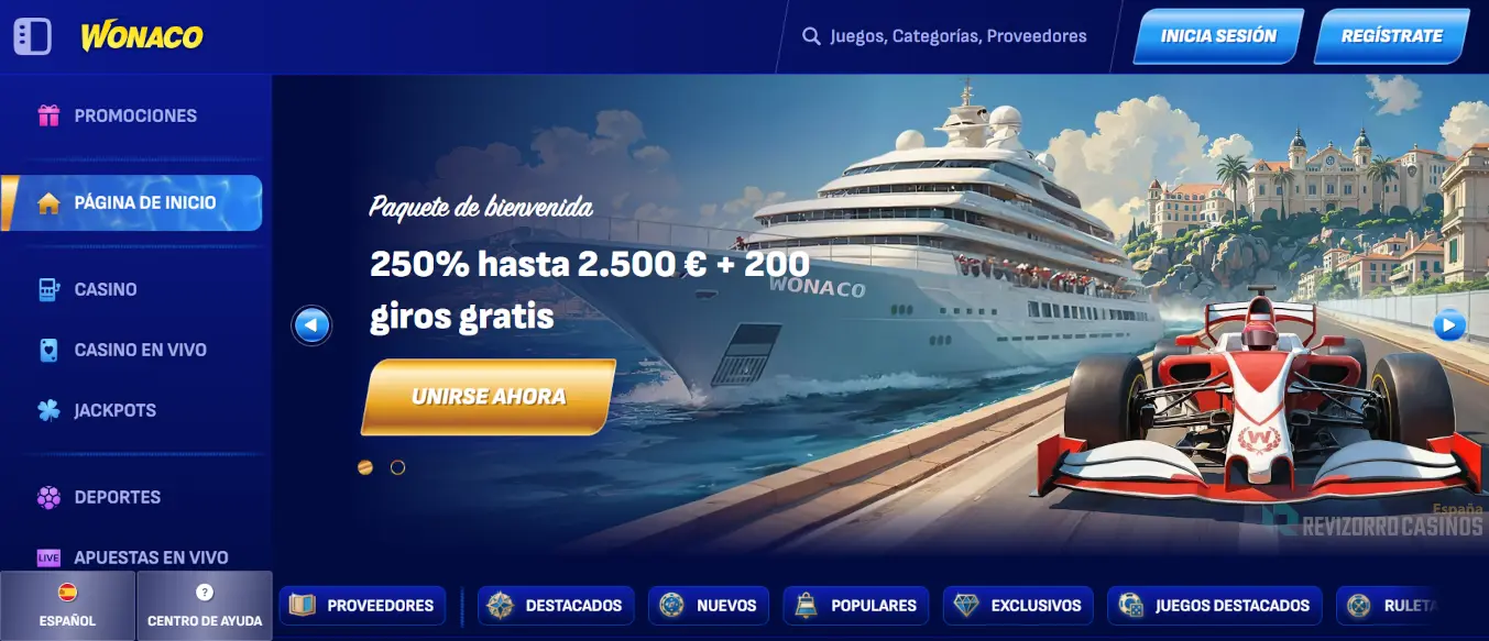 Wonaco-casino-sin-licencia Página principal de Wonaco Casino con un bono de bienvenida